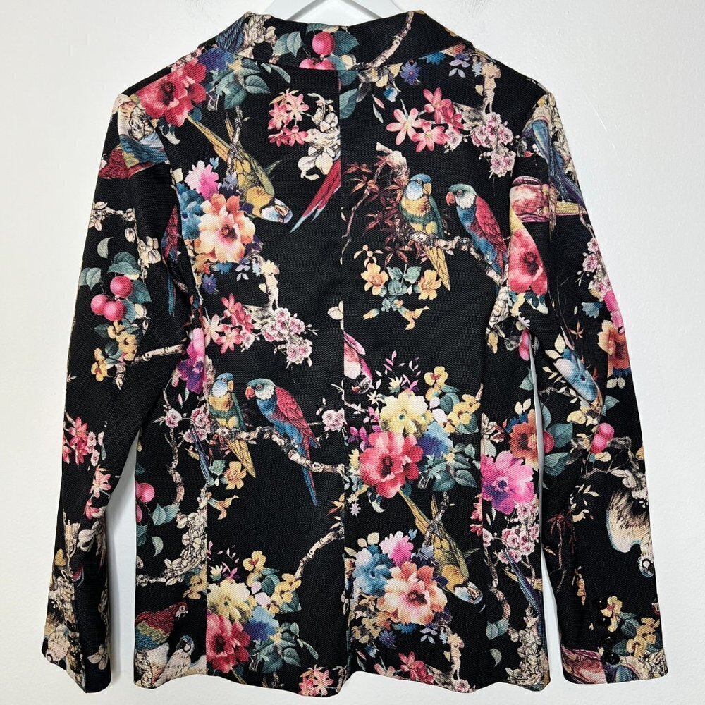 Love Women's Blazer S/M Black‎ One Button Ponte Stretch Pockets Floral Parrots - Picture 4 of 9